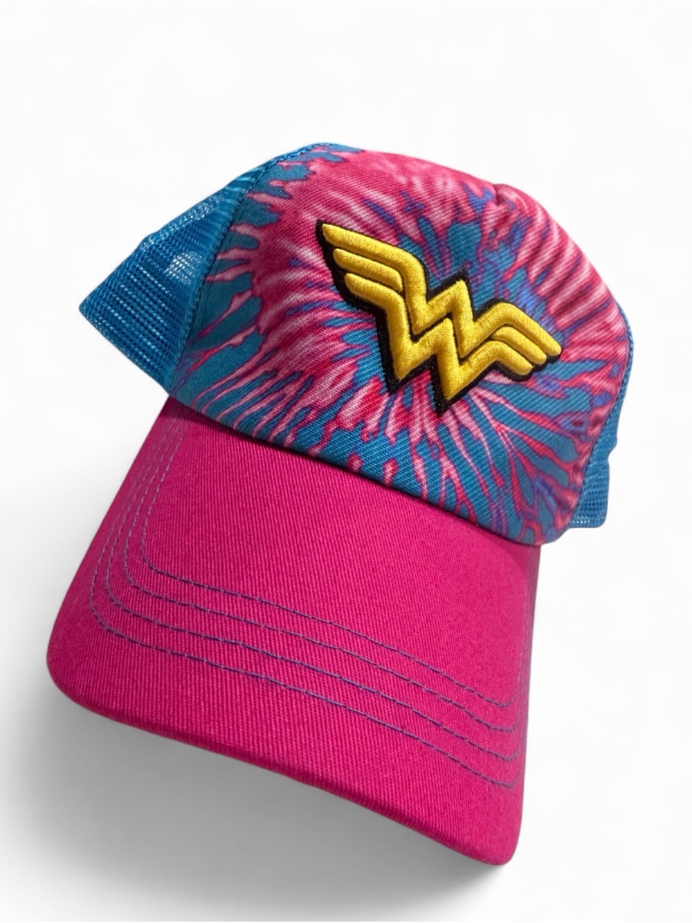 Pink & Blue Tie-Dye Trucker Hat with Gold Emblem